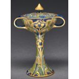 A James Macintyre green and gold Florion ware coupe and cover, designed by William Moorcroft, c1903,