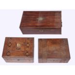 A Victorian rosewood writing box and two contemporary walnut and coloured straw banded boxes (3)