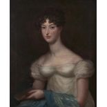 English School, early 19th c - Portrait of Ann Philips, half length in a white dress holding a book,