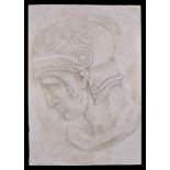 A Grand Tour style plaster bas relief of the head of a classical warrior, 28 x 19.5cm