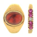 A garnet cabochon ring, in 18ct gold, altered, Chester, part marked, 6.6g, size L and another gem