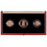 Gold coins. United Kingdom 500th anniversary of the sovereign, three coin proof set, 1989, cased