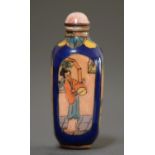 A Chinese enamel snuff bottle, painted with figures reserved on a blue ground, 61mm h, stopper