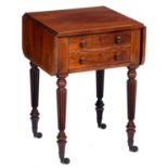 A George IV rosewood work table, attributed to Gillows, the drop leaf top with two drawers, one