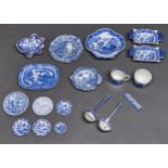 A collection of English blue printed earthenware, early 19th c, to include leaf shaped pickle