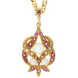 A ruby, cultured pearl and split pearl entwined pendant, in 9ct gold, 5mm, London 1994 and a 9ct