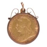 Gold coin. Sovereign 1898, gold mount, 9.8g