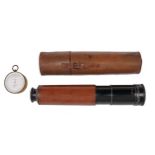 A 2" black painted refracting telescope with stitched tan leather covered sleeve, early 20th c,