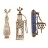 An Eastern silver and enamel scroll or amulet case, early 20th c, 73mm l, 9dwts and two other