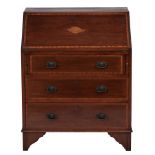 An Edwardian mahogany bureau, crossbanded in satinwood, the back with shell patera, 96cm h; 42 x