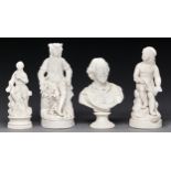 A Staffordshire parian ware bust of William Shakespeare and three figures, all c1880, 23-28cm h