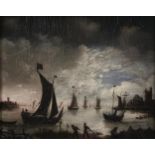 Follower of Aert van der Neer - Coastal Scene by Moonlight, oil on panel, 34 x 43cm Condition