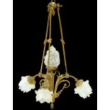 A gilt lacquered brass chandelier, 20th c, in Louis XVI style, of four lights, three on festooned