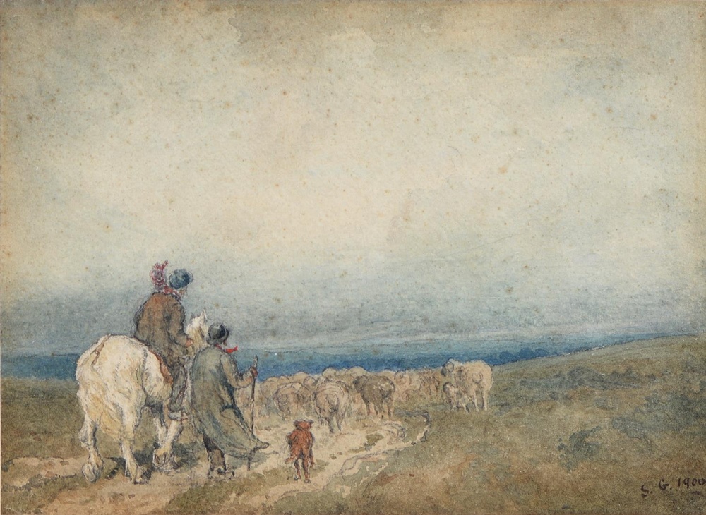 Follower of David Cox - Figures Driving Sheep over a Moor, signed with initials S G and dated - Bild 4 aus 9