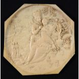 A Continental ivory plaque, 19th c, carved in shallow relief with lovers in 16th c dress, baskets of