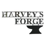 A weeded steel rod and sheet iron hanging sign in the form of an anvil and HARVEY FORGE, 82 x