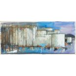 20th c School - Boats in a Mediterranean Harbour, signed Rope, mixed media on paper, 21 x 47cm