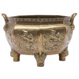 A Japanese two handled octagonal bronze vessel, Meiji period,  on four shi-shi feet, 25cm h Good