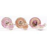 Two Minton Dresden Embossed coffee cups and saucers and a contemporary Derby pink ground teacup