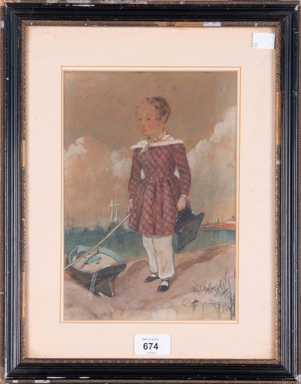 British School, 19th c - Portrait of a Boy with a Toy Boat, full length, watercolour, 26 x 18cm - Bild 2 aus 3