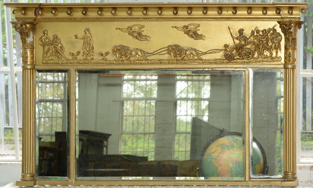 A George III giltwood and composition over mantel mirror, in neo classical style, with triple