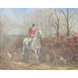 British School, 20th c - Fox Hunter and Hounds, indistinctly signed, oil on canvas, 39 x 50cm