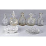 Three various English glass decanters, two cut glass carafes and two dishes, 19th c,  various