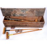A Jaques croquet set, in original stained pine box, 110cm w Contents not all original, lid detached,