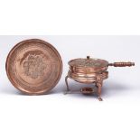 An Iranian copper repousse chafing dish, cover, bowl and lamp stand, mid 20th c, 22cm h, marked