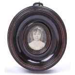 British School, 19th c - Portrait Miniature of a Young Girl in a White Dress, 32 x 25mm, turned