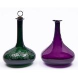 Two green or amethyst glass mell decanters, c1830, one engraved with grapevines, sharp or polished