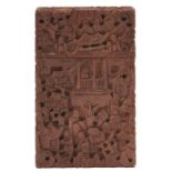 A Chinese carved sandalwood card case and cover, mid 19th c, 11cm Some old settled dust but a well