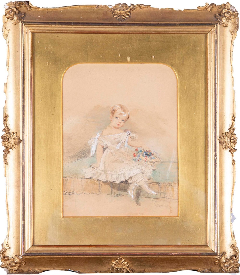 R Mannion (mid 19th c) - A Child with a Basket of Flowers, signed, watercolour, arched top, 20 x - Bild 2 aus 3