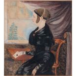 English naive artist, 19th c - Portrait Miniature of a Lady Holding a Letter, seated three quarter
