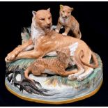 A rare Brown-Westhead, Moore & Co majolica group of a lioness and two cubs, designed by Mark V