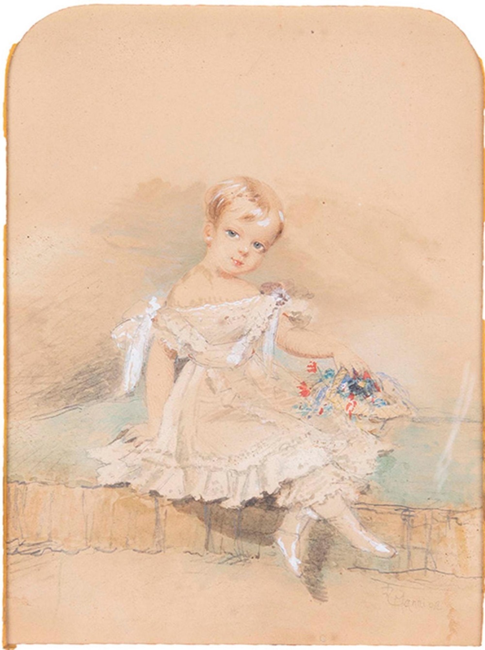 R Mannion (mid 19th c) - A Child with a Basket of Flowers, signed, watercolour, arched top, 20 x