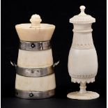 A Victorian silver mounted ivory butter churn novelty pepper mill, 88mm h, by Hilliard & Thomason,