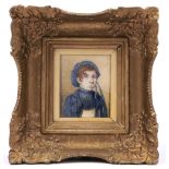 19th c School - Portrait Miniature of a Young Woman, in a blue bonnet, collar and coat, bears