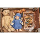 A teddy bear and toy monkey, both circa mid 20th c and other toys Wear and damage consistent with