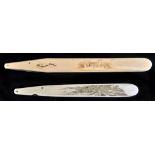 A William IV ivory letter knife, stamped with a scene from The Minstrel by Beattie, the handle