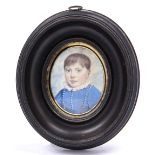 English School, 19th c - Portrait Miniature of a Boy, in 16th c style, blue tunic with pearls, sky