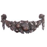 A carved oak swag applique, 19th c, in 17th c style, of fruit and leaves hanging from bows, 69cm l