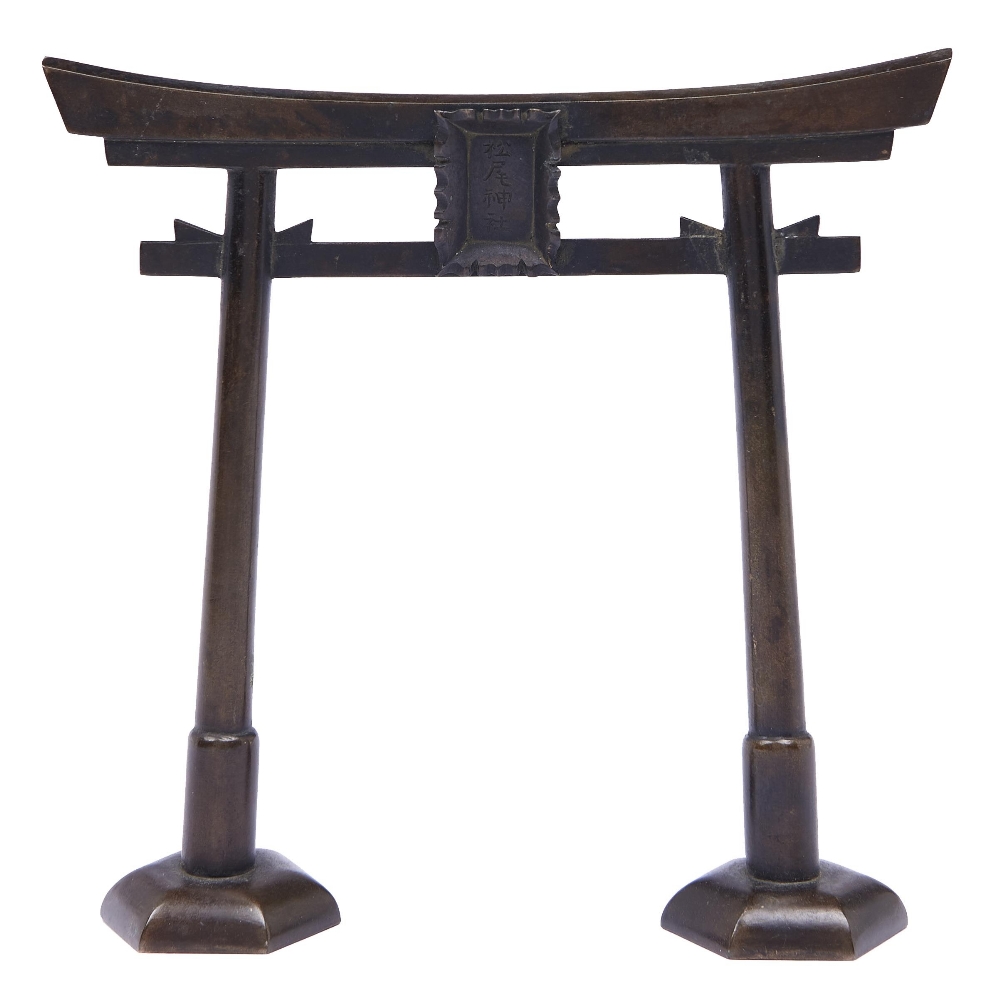 A Japanese bronze model of a gate, Torii, Meiji period, 18cm h Good condition