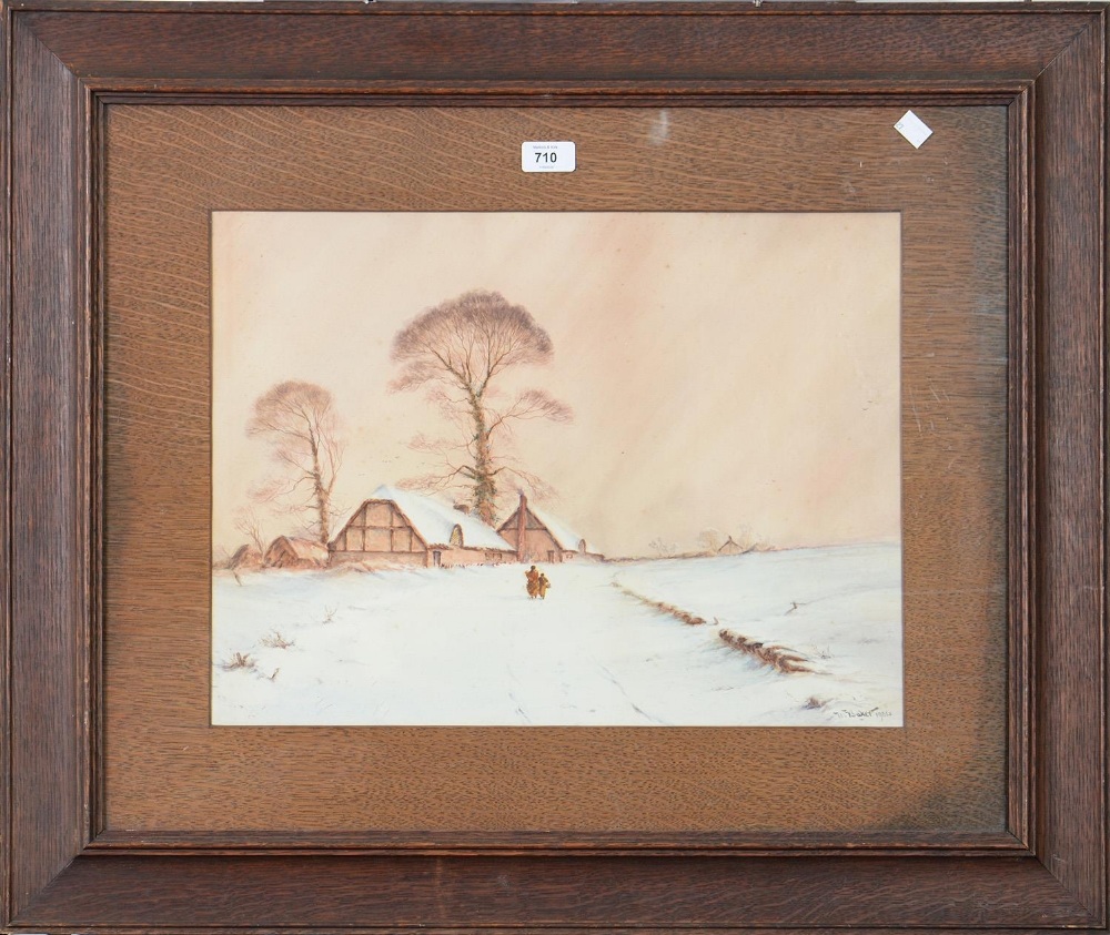 W Baker, 1904 - Cottages in Winter, signed and dated, watercolour, 37 x 49cm Small spots of - Bild 2 aus 3