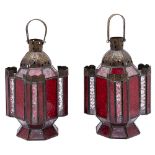A pair of sheet brass and clear and ruby glass lanterns, 20th c ,  28cm excluding handle Good