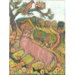 Margaret Jansen (Fl. mid 20th c) - Prowling Cat and Chinese Bird, oil on hardboard, 74.5 x 56.5cm