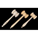Three ivory auctioneer's gavels, late 19th or early 20th c,  11-13cm l One a little yellowed with