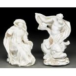 Two Bow white glazed figures of a seated nun and Neptune riding a dolphin, c1755, 14 and 16.5cm h