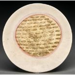 Studio pottery. Laurel Keeley (1952-) Dish,  grogged creamy buff stoneware incised with a shoal of