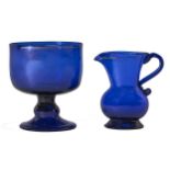A cobalt blue and gilt glass jug and pedestal sugar bowl, early 19th c, sharp pontil scar, bowl 12.